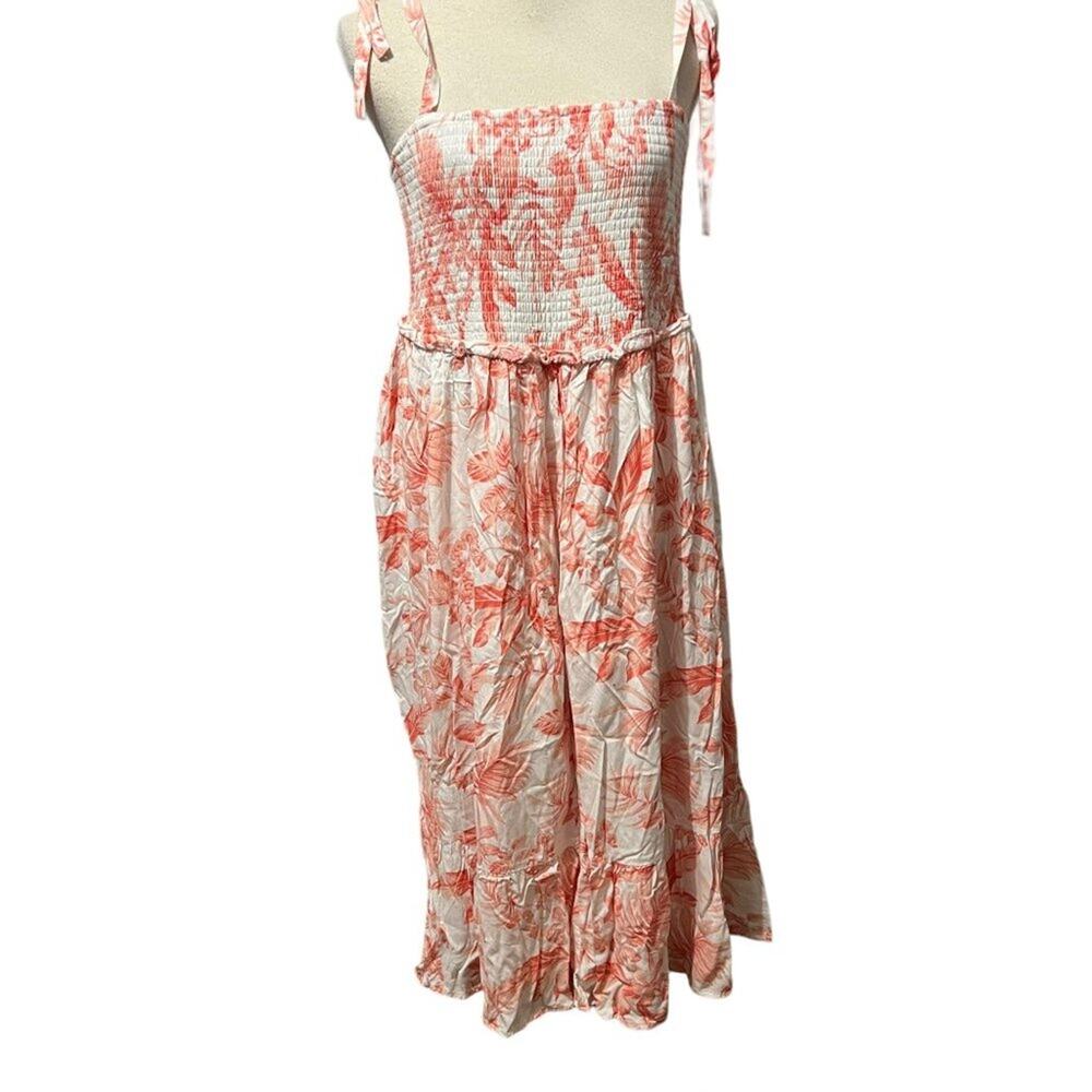 Torrid Midi White & Coral Floral Challis Smocked Dress Womens Plus Size 1 1X
